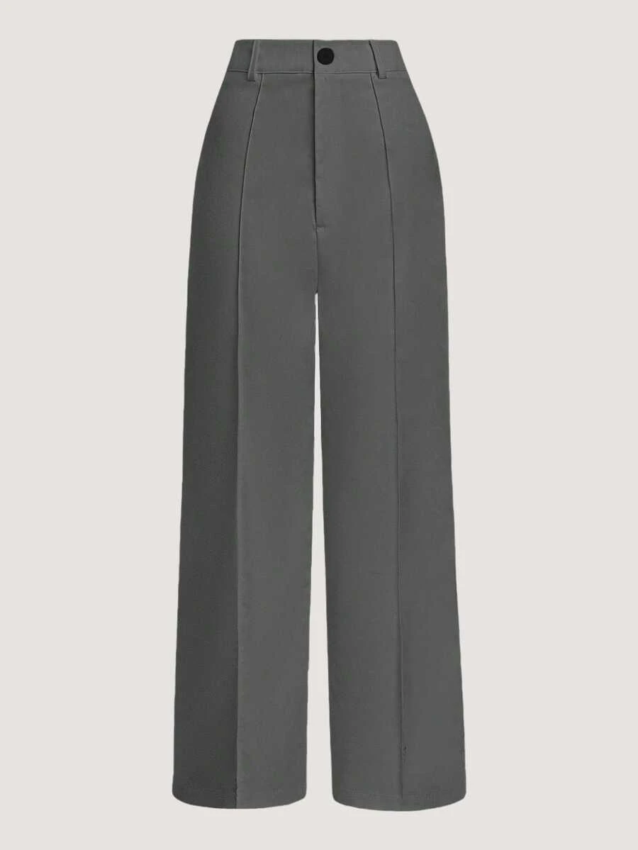 SHEIN Women's Solid Color Toothpick Stripe Design Wide Leg Casual Pants For Commuter Casual Spring For University Fall - Dark Grey - View 1
