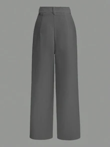 SHEIN Women's Solid Color Toothpick Stripe Design Wide Leg Casual Pants For Commuter Casual Spring For University Fall - Dark Grey - View 2