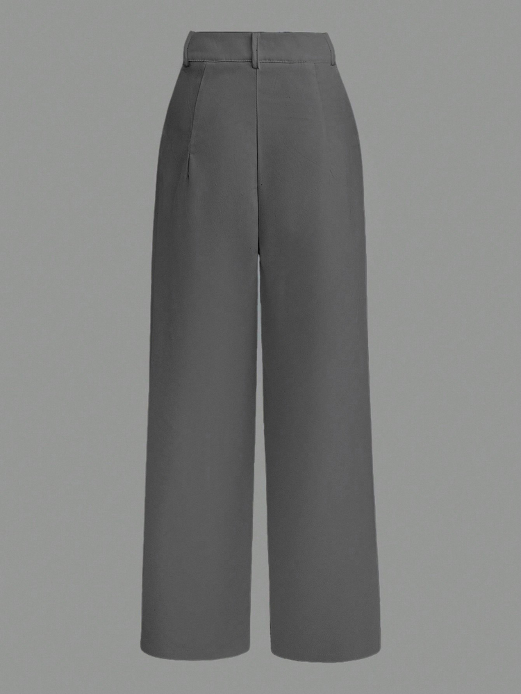 SHEIN Women's Solid Color Toothpick Stripe Design Wide Leg Casual Pants For Commuter Casual Spring For University Fall - Dark Grey - View 2