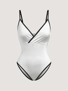 SHEIN 女士时尚百搭条纹撞色荷叶边连体衣 - 黑與白 - 查看 1
