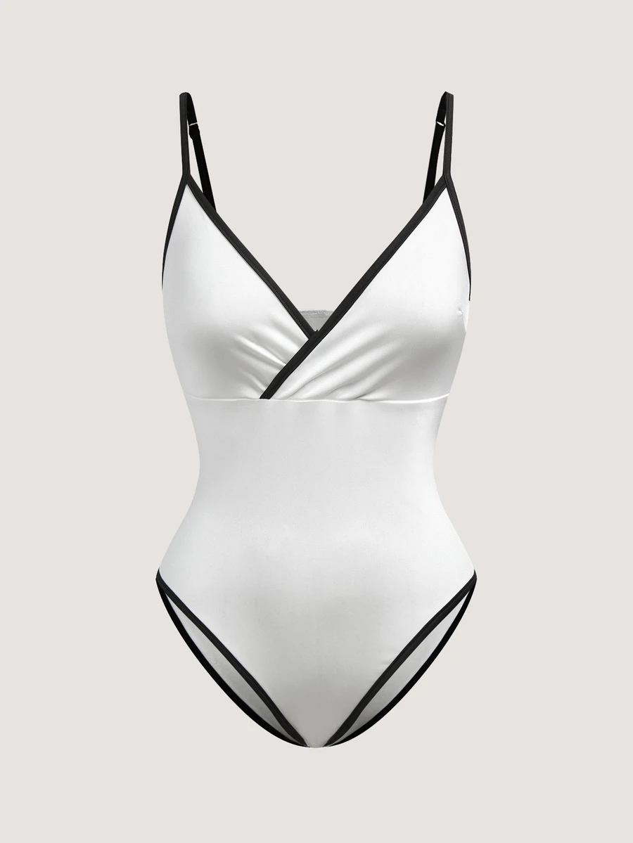 SHEIN 女士时尚百搭条纹撞色荷叶边连体衣 - 黑與白 - 查看 1