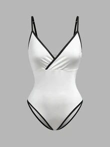 SHEIN 女士时尚百搭条纹撞色荷叶边连体衣 - 黑與白 - 查看 6