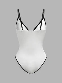 SHEIN 女士时尚百搭条纹撞色荷叶边连体衣 - 黑與白 - 查看 2