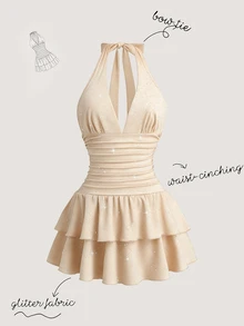 Olithes Women's Spring/Summer New Shiny Fabric Halter Tie Waist Double Ruffle Hem Casual Everyday Dress, Suitable For Outing, Date, Holiday Party Beige - Apricot - View 1