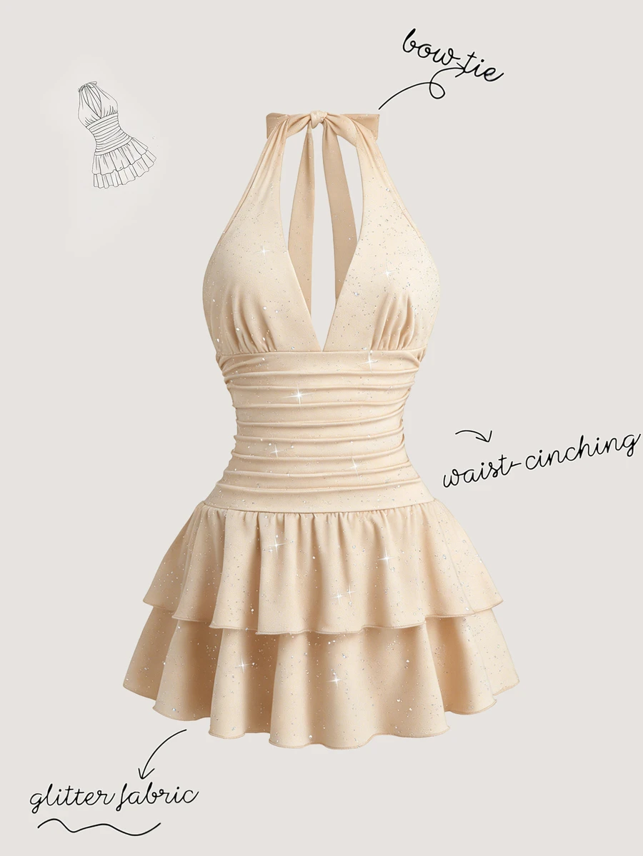 Olithes Women's Spring/Summer New Shiny Fabric Halter Tie Waist Double Ruffle Hem Casual Everyday Dress, Suitable For Outing, Date, Holiday Party Beige - Apricot - View 1