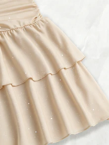 Olithes Women's Spring/Summer New Shiny Fabric Halter Tie Waist Double Ruffle Hem Casual Everyday Dress, Suitable For Outing, Date, Holiday Party Beige - Apricot - View 3