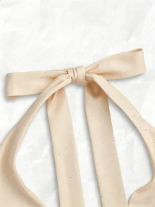 Olithes Women's Spring/Summer New Shiny Fabric Halter Tie Waist Double Ruffle Hem Casual Everyday Dress, Suitable For Outing, Date, Holiday Party Beige - Apricot - View 4