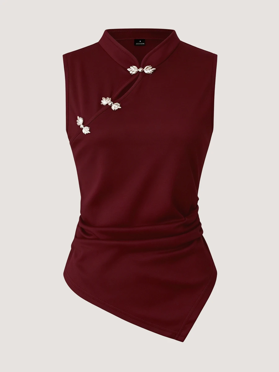 Olithes Women's Elegant Asymmetric Hem Button Decorated Camisole, Summer - Burgundy - View 1