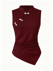 Olithes Women's Elegant Asymmetric Hem Button Decorated Camisole, Summer - Burgundy - View 6