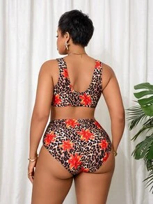 Slaydiva Plus Size Women's Leopard & Floral Print Halter Swimwear Set, Suitable For Beach Vacation, Spring/Summer - Multicolor - View 2