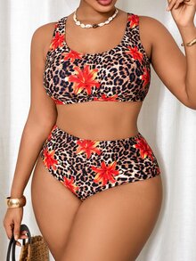Slaydiva Plus Size Women's Leopard & Floral Print Halter Swimwear Set, Suitable For Beach Vacation, Spring/Summer - Multicolor - View 3