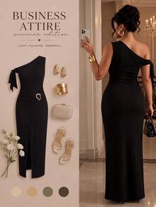 GlowEve CURVE Elegantes sexy kleines schwarzes Kleid in großen Größen für Damen, asymmetrischer Ein-Schulter-Schnitt mit Schlitzsaum, Metall-Schnallen-Dekoration, Cocktail, Abendausgang, formell, Sommer - Schwarz - Übersicht 2
