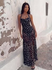 Bonvoyette Asymmetrical Polka Dot Halter One Piece Swimsuit & Maxi Skirt Set For Women - Black and White - View 6