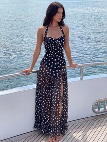 Bonvoyette Asymmetrical Polka Dot Halter One Piece Swimsuit & Maxi Skirt Set For Women - Black and White - View 5