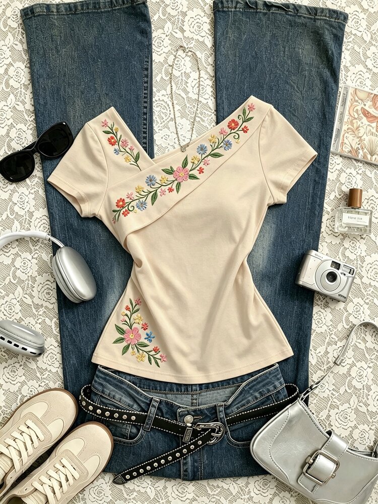 IslaSuriya Women's French Vintage Print T-Shirt, Summer Slim Fit Flattering Black Short Sleeve Design Top, Niche Style - Apricot - View 5