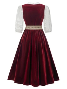 Fairmaia Traditional German Women's Lace Lantern Sleeve Top And Dirndl Dress Set Oktoberfest Thailand Holiday Formal White Burgundy Beige Cultural - Burgundy - View 3