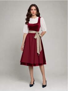 Fairmaia Traditional German Women's Lace Lantern Sleeve Top And Dirndl Dress Set Oktoberfest Thailand Holiday Formal White Burgundy Beige Cultural - Burgundy - View 2