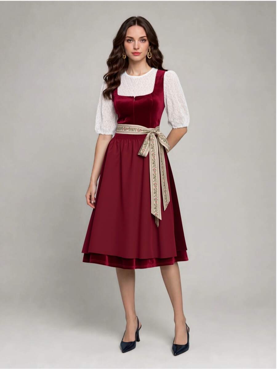 Fairmaia Traditional German Women's Lace Lantern Sleeve Top And Dirndl Dress Set Oktoberfest Thailand Holiday Formal White Burgundy Beige Cultural