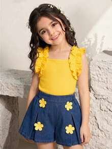 Souflis Souflis Two Pieces Sweet And Playful Sleeveless Pleated Vest Knitted Ribbed T-Shirt Jacket Is Suitable Summer - Yellow - View 1