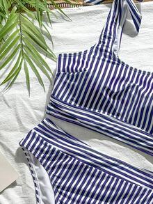 Swim Lushoire Bikini de mujer, conjunto de bikini de cintura alta a rayas azul marino para vacaciones bohemias, atuendos de playa para salir, atuendo de moda para el Día de la Independencia, atuendo de regreso a la escuela, ropa de playa de verano - Azul Marino - Ver 5