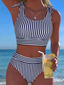 Swim Lushoire Bikini de mujer, conjunto de bikini de cintura alta a rayas azul marino para vacaciones bohemias, atuendos de playa para salir, atuendo de moda para el Día de la Independencia, atuendo de regreso a la escuela, ropa de playa de verano - Azul Marino - Ver 1