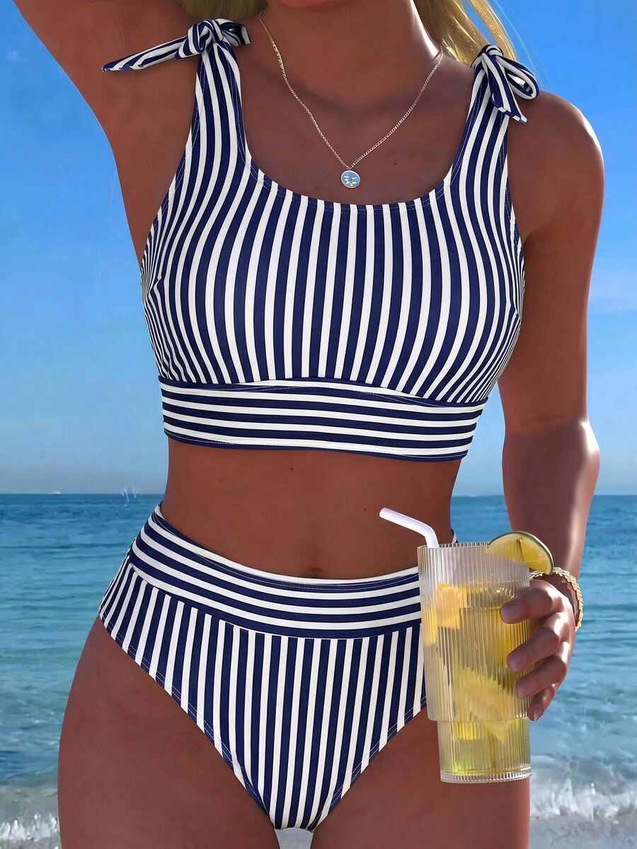 Swim Lushoire Bikini de mujer, conjunto de bikini de cintura alta a rayas azul marino para vacaciones bohemias, atuendos de playa para salir, atuendo de moda para el Día de la Independencia, atuendo de regreso a la escuela, ropa de playa de verano - Azul Marino - Ver 1