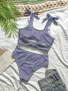 Swim Lushoire Bikini de mujer, conjunto de bikini de cintura alta a rayas azul marino para vacaciones bohemias, atuendos de playa para salir, atuendo de moda para el Día de la Independencia, atuendo de regreso a la escuela, ropa de playa de verano - Azul Marino - Ver 2