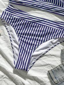 Swim Lushoire Bikini de mujer, conjunto de bikini de cintura alta a rayas azul marino para vacaciones bohemias, atuendos de playa para salir, atuendo de moda para el Día de la Independencia, atuendo de regreso a la escuela, ropa de playa de verano - Azul Marino - Ver 6