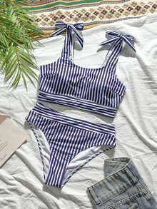 Swim Lushoire Bikini de mujer, conjunto de bikini de cintura alta a rayas azul marino para vacaciones bohemias, atuendos de playa para salir, atuendo de moda para el Día de la Independencia, atuendo de regreso a la escuela, ropa de playa de verano - Azul Marino - Ver 4