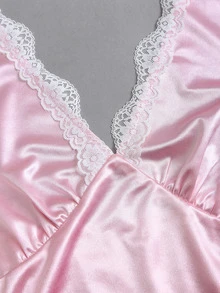 Sweetra Women's Summer Lace Trim V-Neck Fitted A-Line Sexy Pink And White Dress Date Night Night Out - Pink - View 4