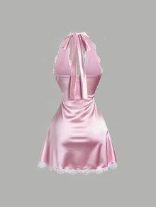 Sweetra Women's Summer Lace Trim V-Neck Fitted A-Line Sexy Pink And White Dress Date Night Night Out - Pink - View 2
