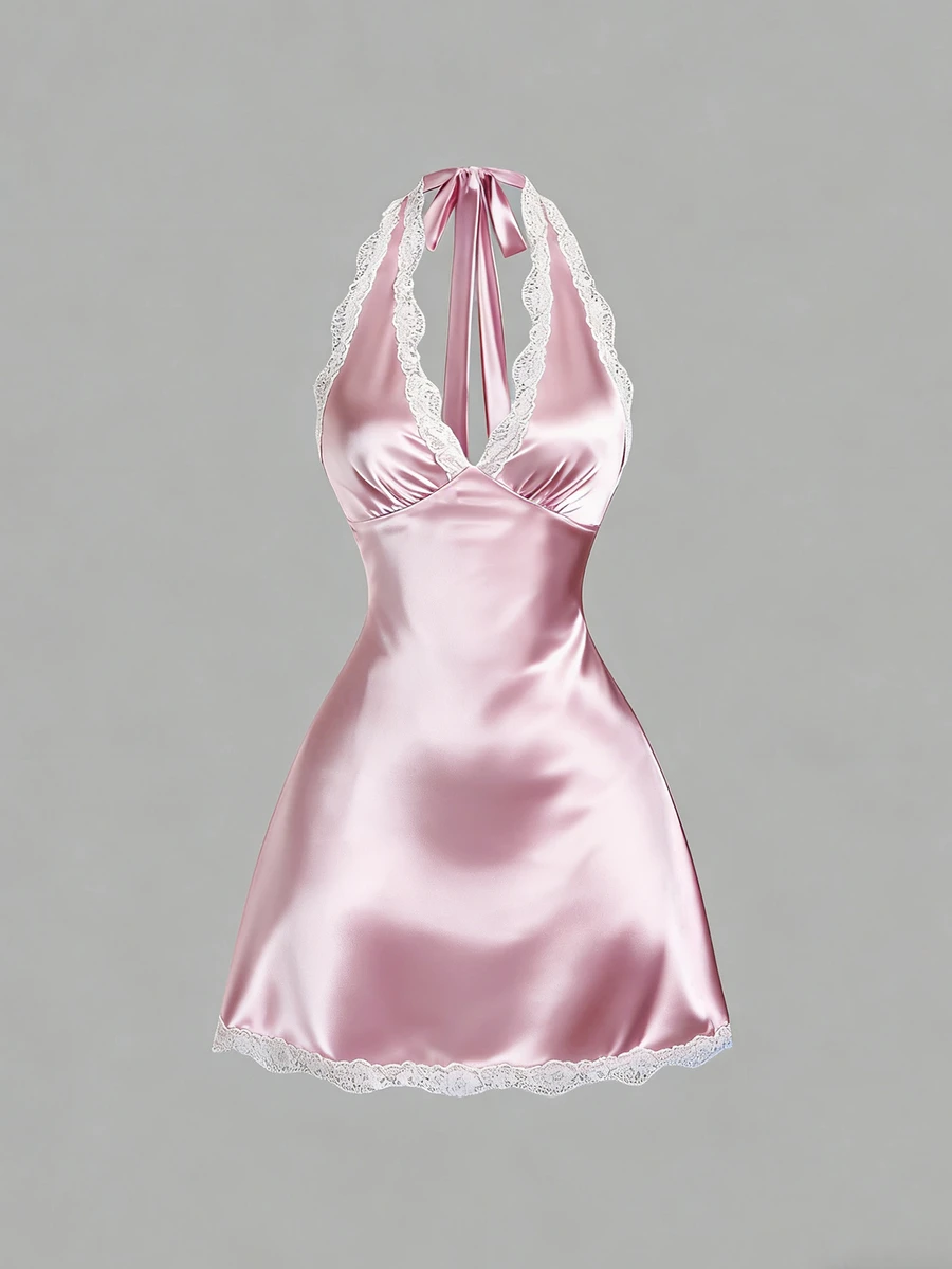 Sweetra Women's Summer Lace Trim V-Neck Fitted A-Line Sexy Pink And White Dress Date Night Night Out - Pink - View 1