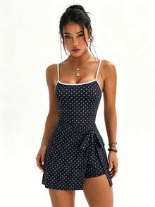 SHEIN Sports 女款波點印花側綁帶收腰細肩帶運動洋裝 - 黑與白 - 查看 5