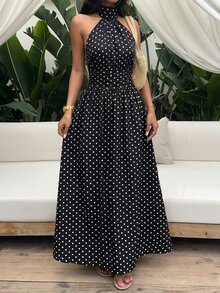 Sunnyshic 女款春夏黑色波點印花中領掛脖繫帶露背收腰A字長洋裝，度假海灘波希米亞優雅婚禮季可愛復古浪漫日常通勤辦公百搭 - 黑色 - 查看 5
