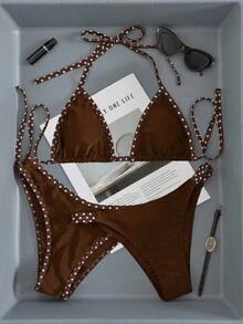 SHEIN Swim 女士泳装套装，时尚波点印花饰边，露背设计，细肩带，抽绳三角泳裤，沙滩休闲款 - 棕色 - 查看 1