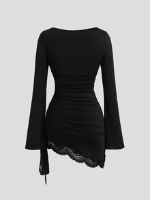 Sweetra Square Neck Flare Sleeve Mini Dress, Drawstring Design, Hemline Lace Patchwork, Suitable For Party Wear - Black - View 2
