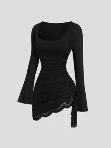 Sweetra Square Neck Flare Sleeve Mini Dress, Drawstring Design, Hemline Lace Patchwork, Suitable For Party Wear - Black - View 1