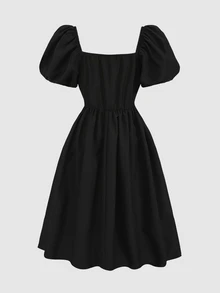 SHEIN 少女寬鬆優雅方領花瓣袖撞色蝴蝶結裝飾洋裝 - 黑色 - 查看 2