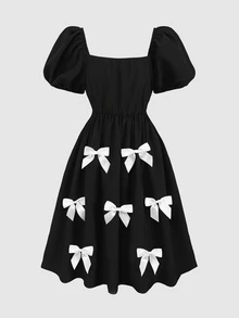 SHEIN 少女寬鬆優雅方領花瓣袖撞色蝴蝶結裝飾洋裝 - 黑色 - 查看 4