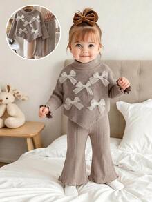 SHEIN Vintaside Kids 2pcs/Set Girls Korean Style Soft 3D Mesh Bow Ribbed High Neck Long Sleeve Asymmetrical Top & Ruffle Flared Pants Set, Suitable For Outings, Gatherings, Casual Wear, Spring And Autumn - Khaki - View 1