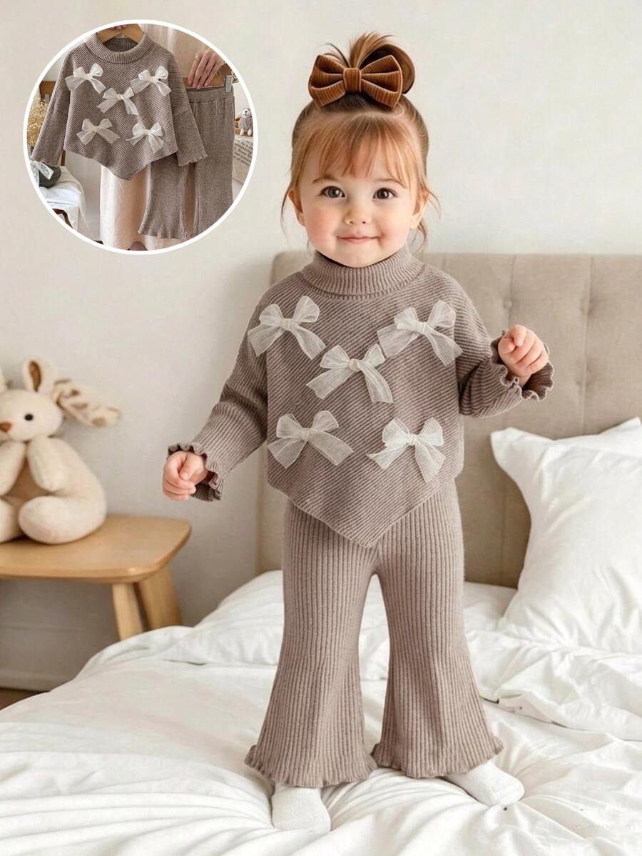 SHEIN Vintaside Kids 2pcs/Set Girls Korean Style Soft 3D Mesh Bow Ribbed High Neck Long Sleeve Asymmetrical Top & Ruffle Flared Pants Set, Suitable For Outings, Gatherings, Casual Wear, Spring And Autumn - Khaki - View 1
