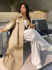 Muchica Plus Size Casual Minimalist Khaki Long Trench Coat Jacket For Autumn/Winter - Khaki - View 6