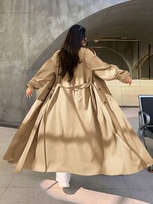 Muchica Plus Size Casual Minimalist Khaki Long Trench Coat Jacket For Autumn/Winter - Khaki - View 2