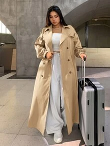 Muchica Plus Size Casual Minimalist Khaki Long Trench Coat Jacket For Autumn/Winter - Khaki - View 4