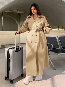 Muchica Plus Size Casual Minimalist Khaki Long Trench Coat Jacket For Autumn/Winter - Khaki - View 1