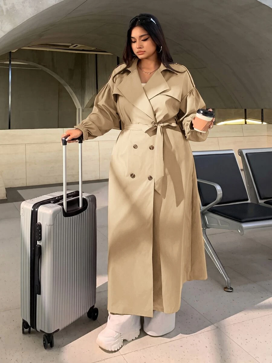 Muchica Plus Size Casual Minimalist Khaki Long Trench Coat Jacket For Autumn/Winter - Khaki - View 1