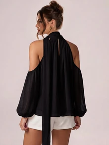 Avenya Women's Solid Color Cold Shoulder Casual Versatile Daily Wear Blouse - Black - View 4