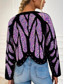 SHEIN ChicEase Women's Colorblock Long Sleeve Casual Fairy Cute Loose Knit Cardigan Halloween Vacation Black And Purple Autumn - Multicolor - View 6