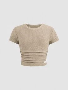 SHEIN 少女棕色针织纹理短袖T恤和打底裤两件套，休闲日常时尚百搭 - 卡其色 - 查看 3