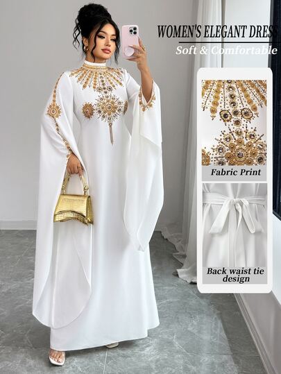 Elenzga French Vintage Elegant Casual Exquisite Wide Cuff Gold Contrast Print Dress